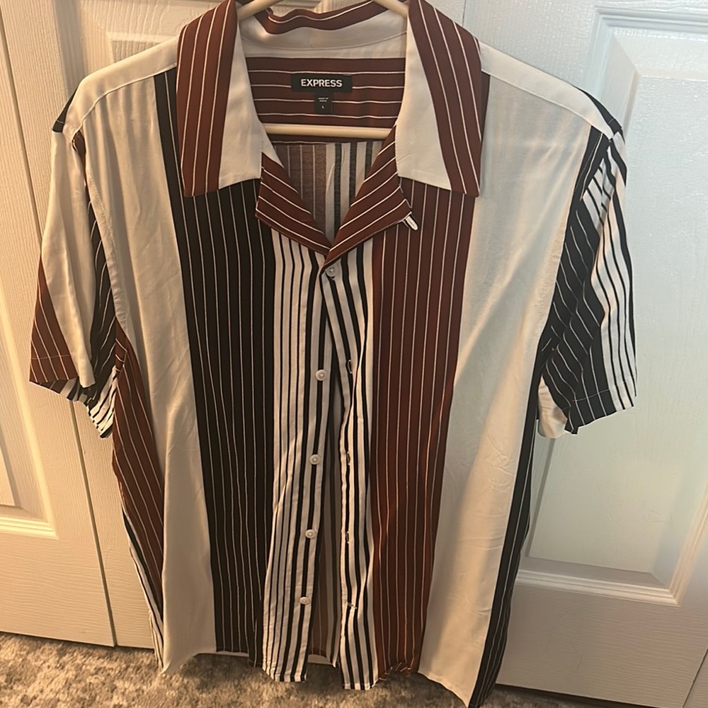 Express Men's Striped Brown and Black Shirt